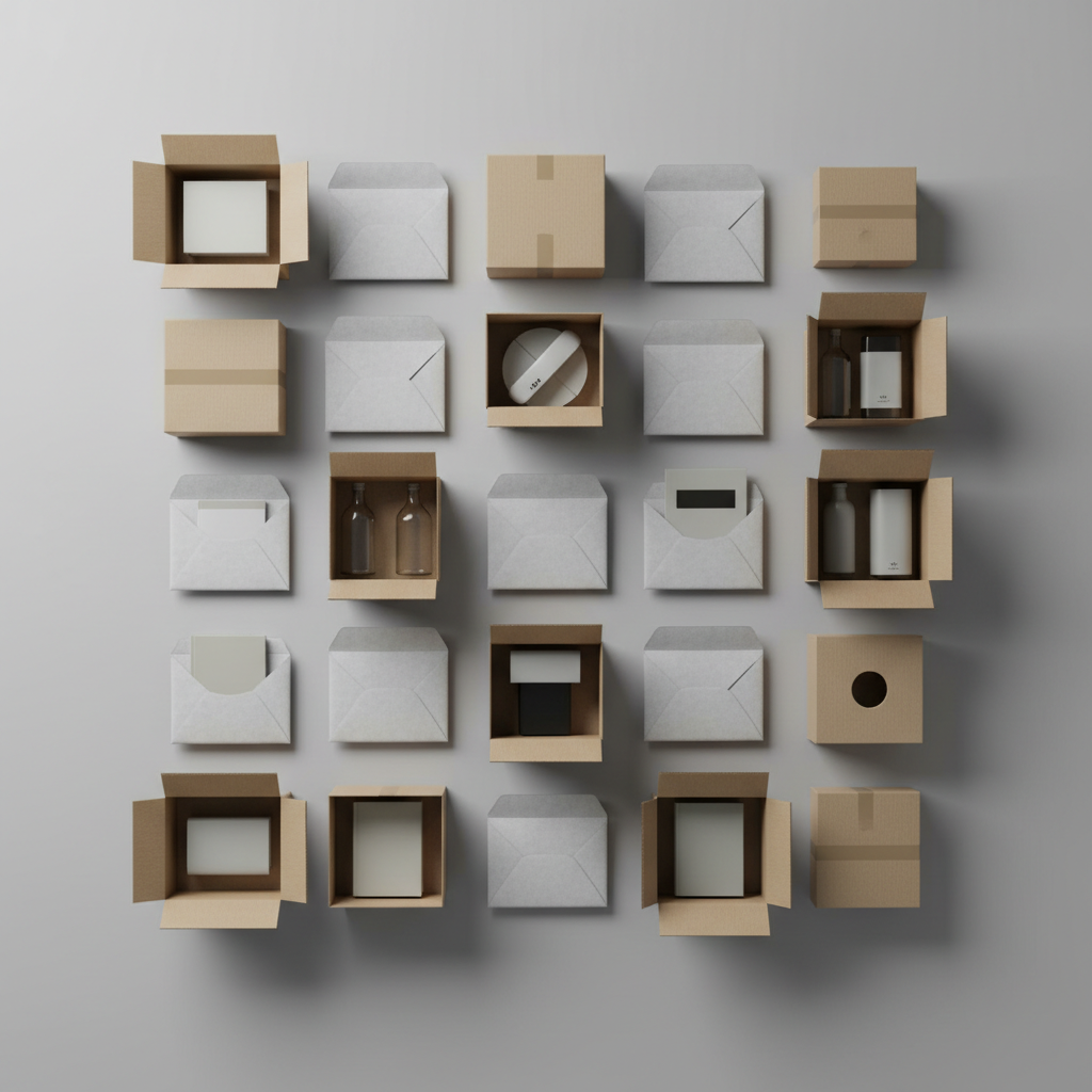 An overhead, photographic view of a neatly organized grid of small cardboard shipping boxes, padded envelopes, and generic product packages laid out on a smooth, neutral grey surface, evoking an Amazon-style e-commerce fulfillment concept without any logos or text. Some boxes are open, revealing abstract items like plain bottles, simple gadgets, and books with blank covers. Soft studio lighting from above creates gentle, even illumination with crisp but subtle shadows defining each object. The composition follows a precise, geometric pattern, conveying order, scale, and variety in online shopping behavior. The mood is professional and structured, ideal for a consumer behavior analysis blog header, with a clean, modern, and highly realistic photographic style.