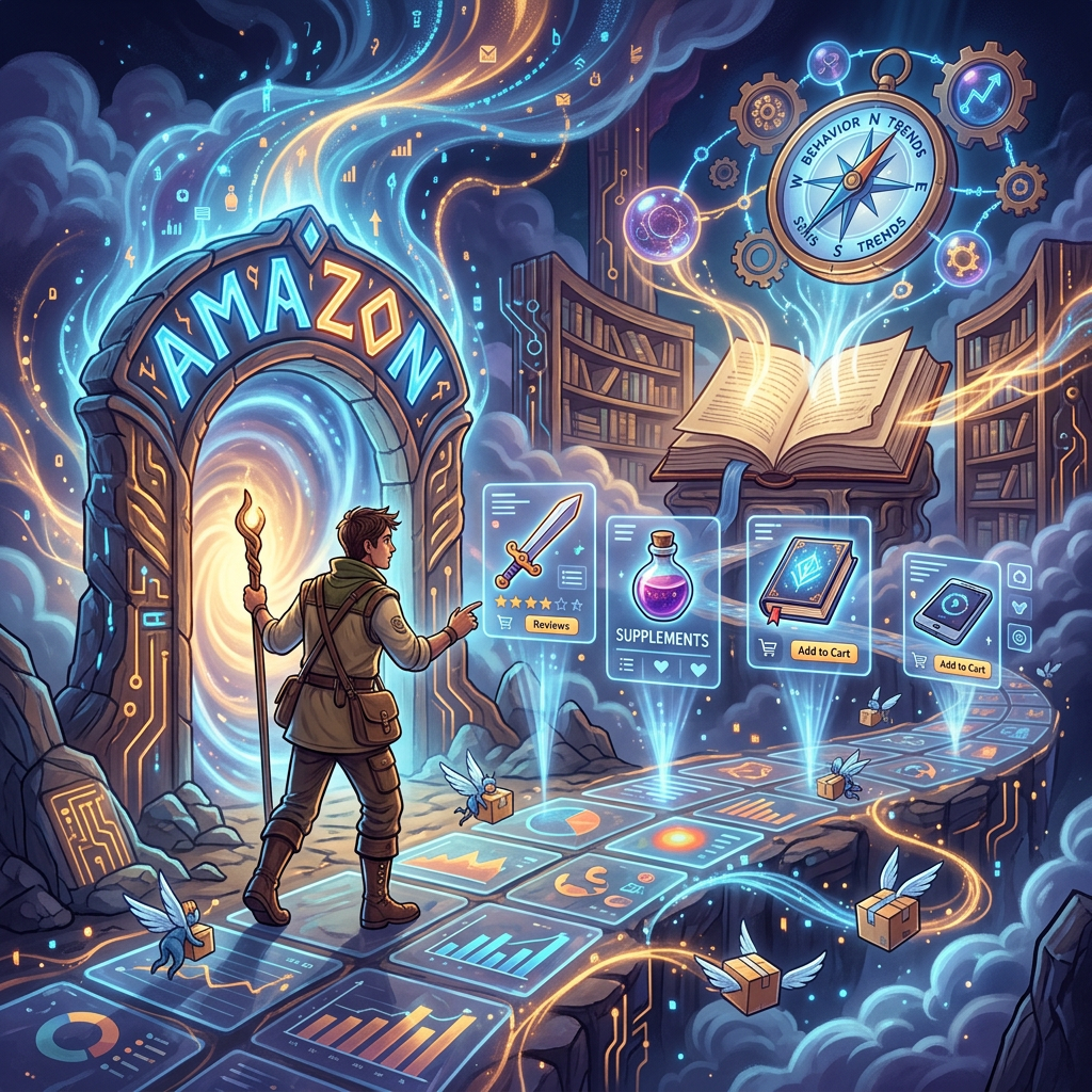 Fantasy Amazon portal with behavior trends, supplements, reviews, and Add to Cart panels